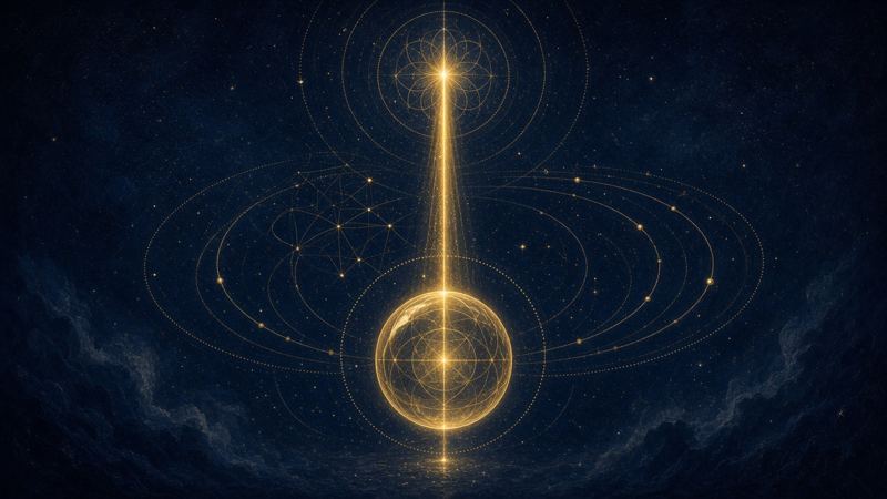 Ilustración: un rayo de luz dorada desciende sobre una esfera bajo un cielo estrellado