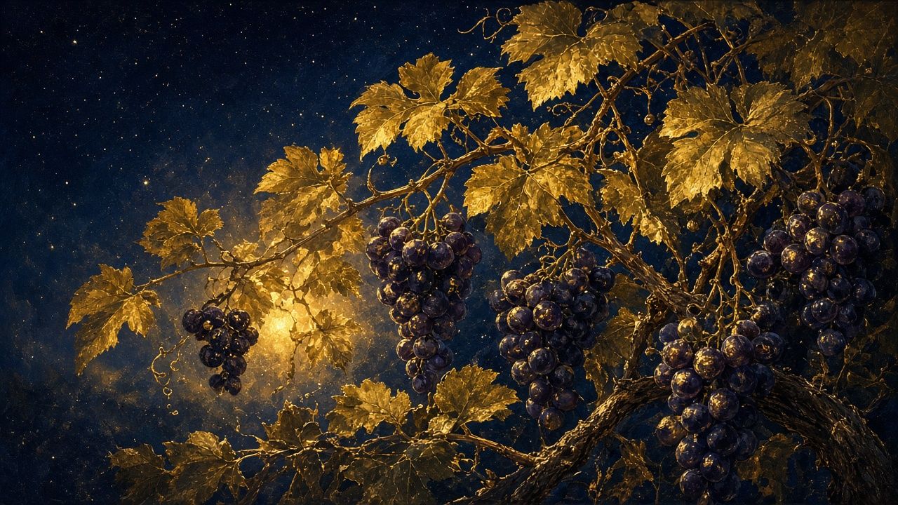 Ilustración: una vid con racimos bajo un cielo estrellado
